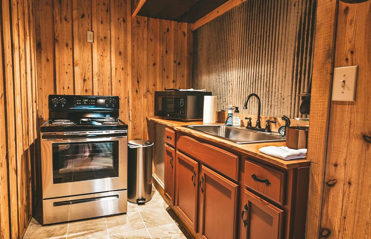A small rustic kitchen with wooden walls, featuring a stainless steel stove, sink, microwave, and cabinets. A trash bin and paper towel holder are visible on the counter.