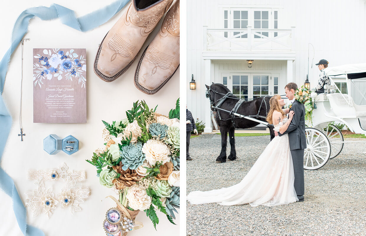 Wedding items and details on the left include cowboy boots, a bouquet, and invitations. On the right, a couple embraces in front of a horse-drawn carriage outside a white building.