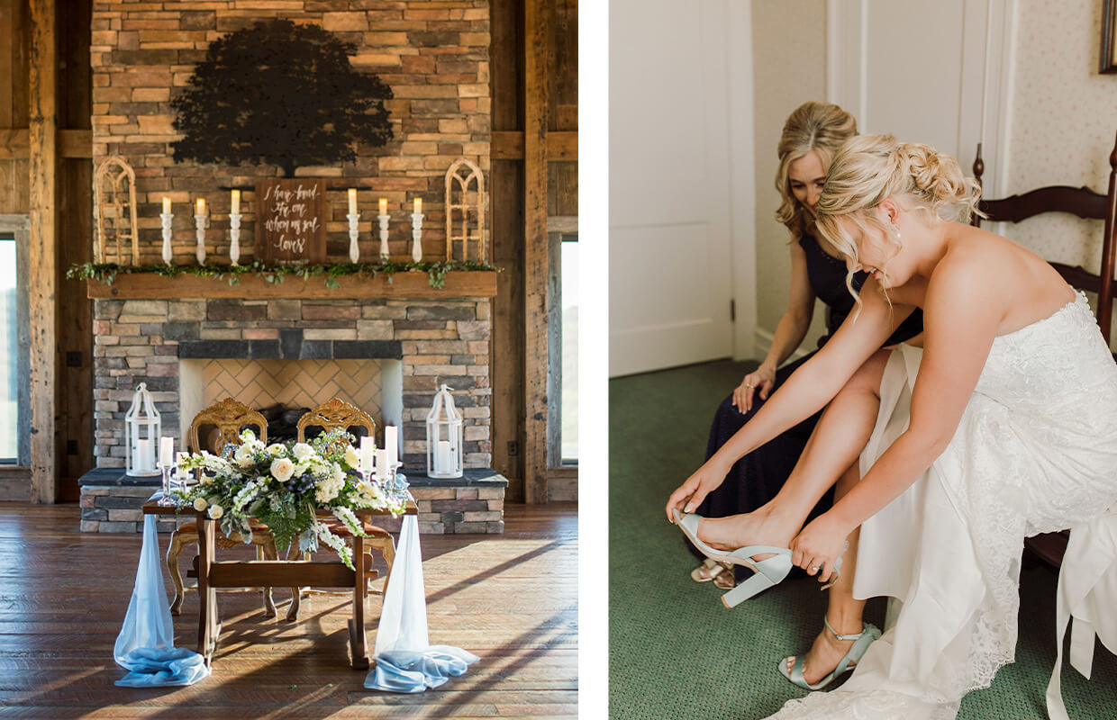 Left: Rustic fireplace with candles and flower arrangement. Right: Bride in a white dress putting on shoes with assistance.