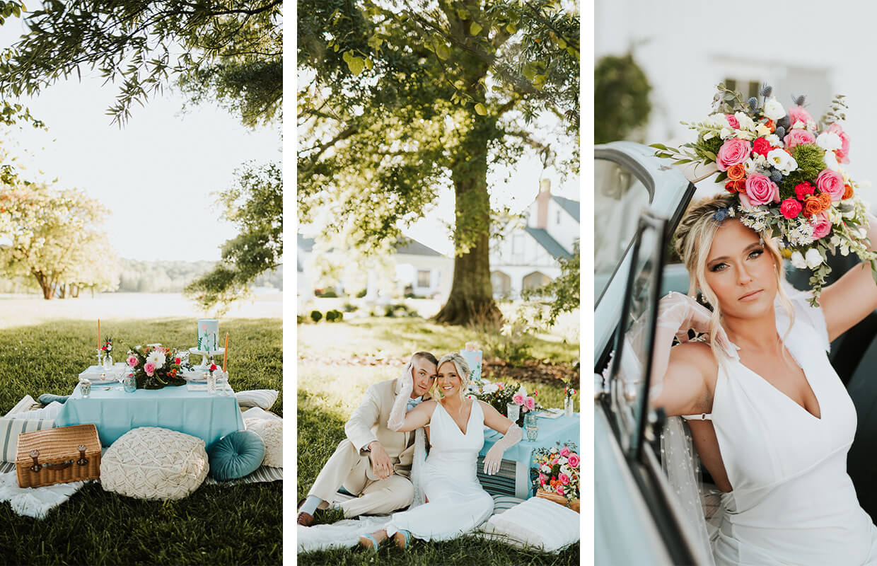 Three images: a picnic setup under a tree, a couple sitting together on a blanket, and a woman in a white dress holding a bouquet near a car.