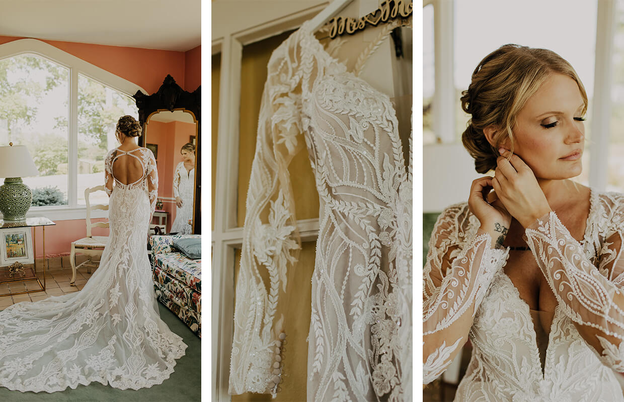 Three images: a bride in a detailed lace gown with a long train, a close-up of the lace dress hanging, and the bride adjusting her earring.