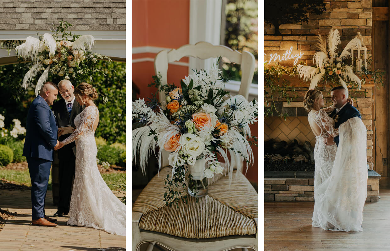 Wedding ceremony and reception in rustic setting; couple exchanging vows, floral centerpiece with orange roses, and bride and groom dancing indoors by a fireplace.