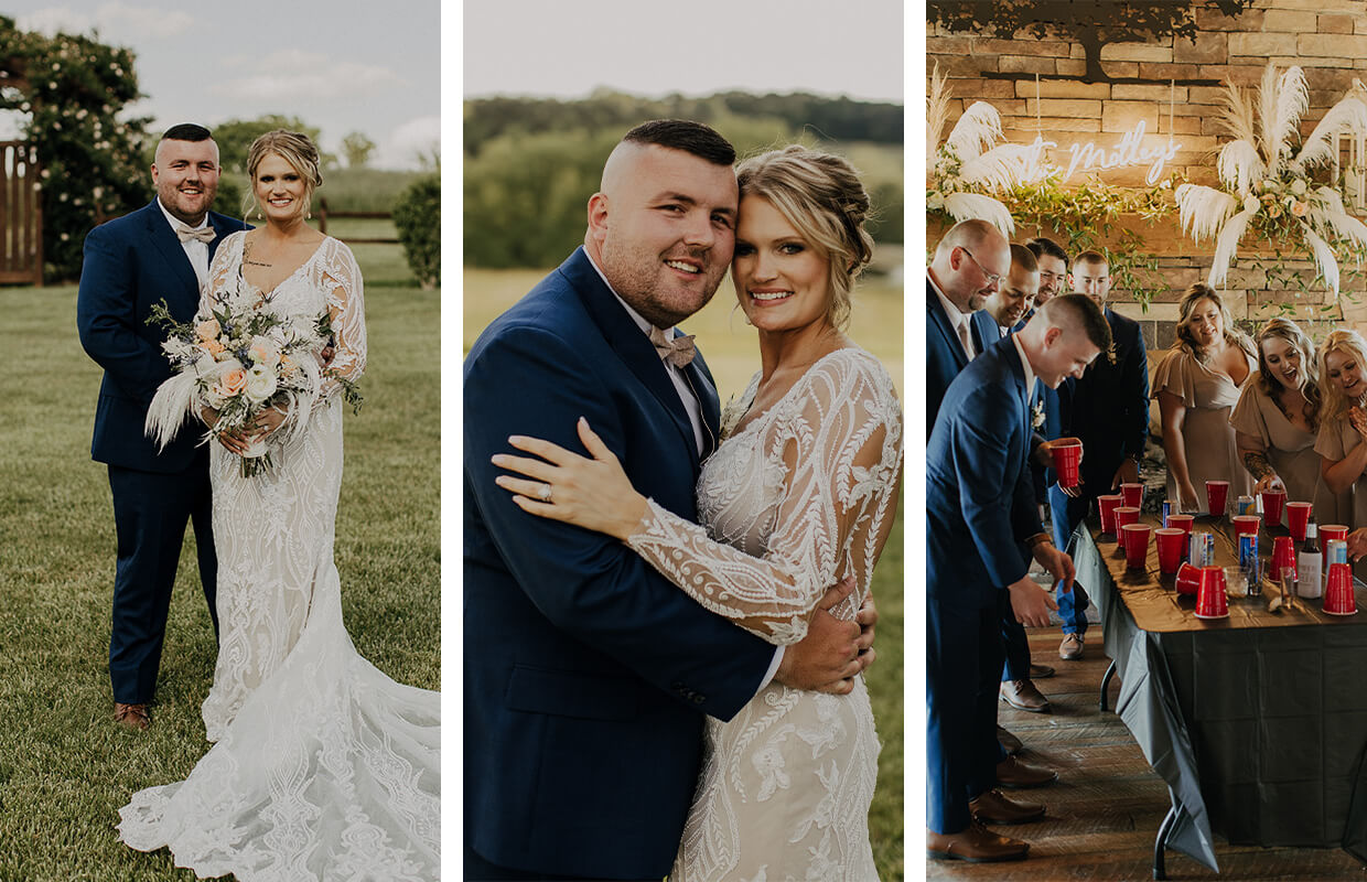A couple on their wedding day: outdoors posing, hugging, and playing a cup game indoors with guests.