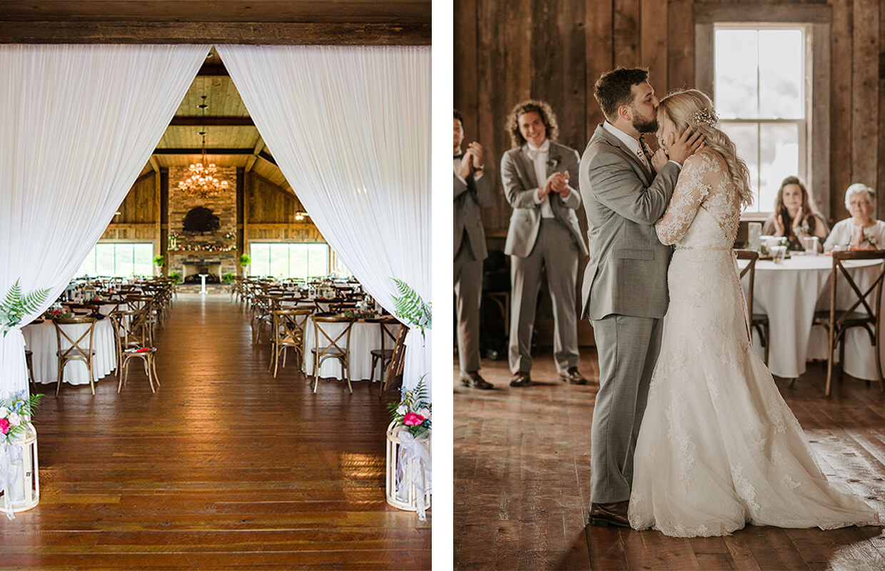 experience oakhaven wedding venues greensboro 24 Left image: A rustic wedding venue with white drapes and wooden decor. Right image: A couple in formal attire sharing a dance in the same venue, with onlookers clapping in the background.