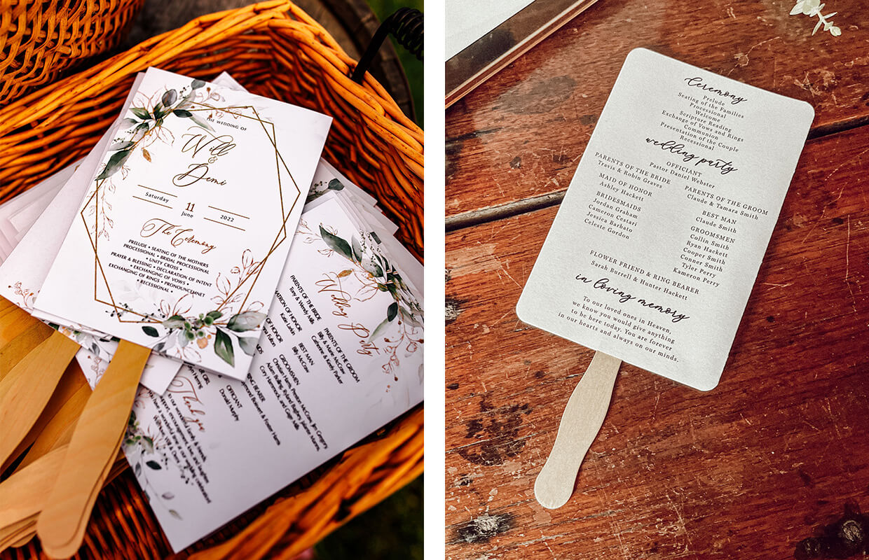 experience oakhaven wedding venues greensboro 23 Two wedding programs with floral designs in a basket on the left and one with a wooden handle on the right, resting on a wooden table.