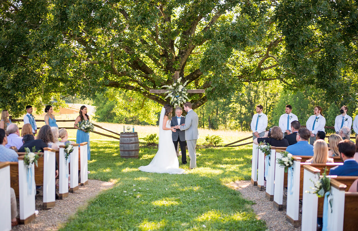 experience oakhaven greensboro nc wedding venues 20 A couple stands at an outdoor wedding ceremony under a large tree, surrounded by guests seated in rows. The bride and groom are in the center, with the bridal party nearby.