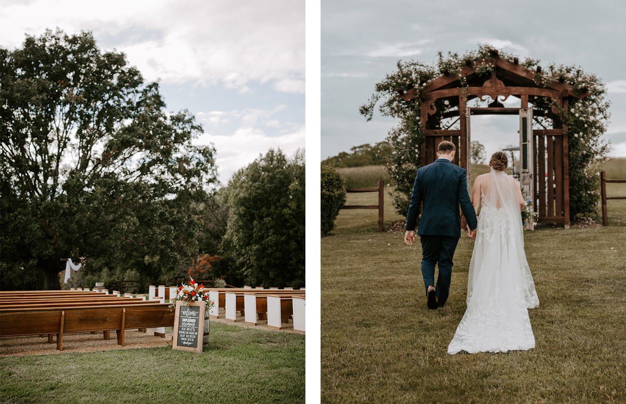 experience oakhaven greensboro nc wedding venues 21 Outdoor wedding setup with wooden benches and a floral arch. A couple in wedding attire walks towards the arch under a cloudy sky.