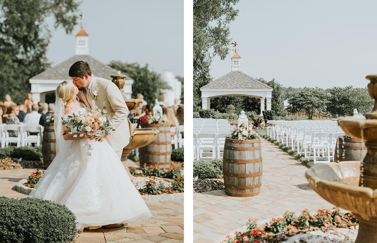 experience oakhaven greensboro nc wedding venues 19 A couple shares a kiss during an outdoor wedding ceremony, with white chairs arranged in rows and a gazebo in the background.