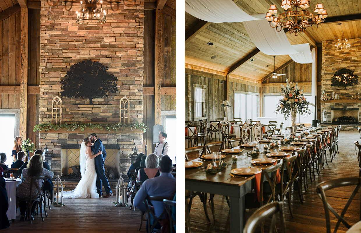experience oakhaven greensboro nc wedding venues 16 Left image: A couple shares a kiss at a rustic indoor wedding ceremony. Right image: Reception hall with long wooden tables, chairs, and floral centerpieces under chandeliers and draped fabric.