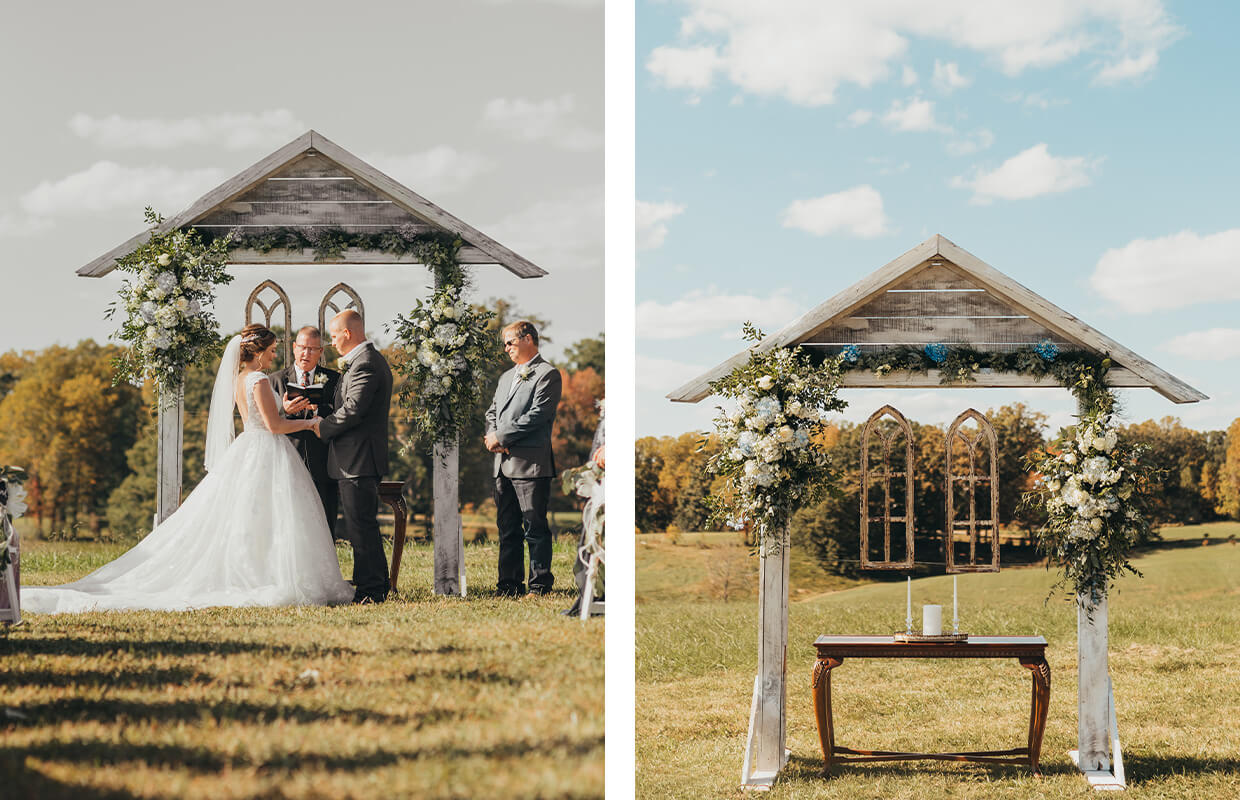 experience oakhaven greensboro nc wedding venues 15 A couple is getting married outdoors under a rustic wooden arch with floral decor. A person stands beside them. The setting is a grassy field with trees in the background.