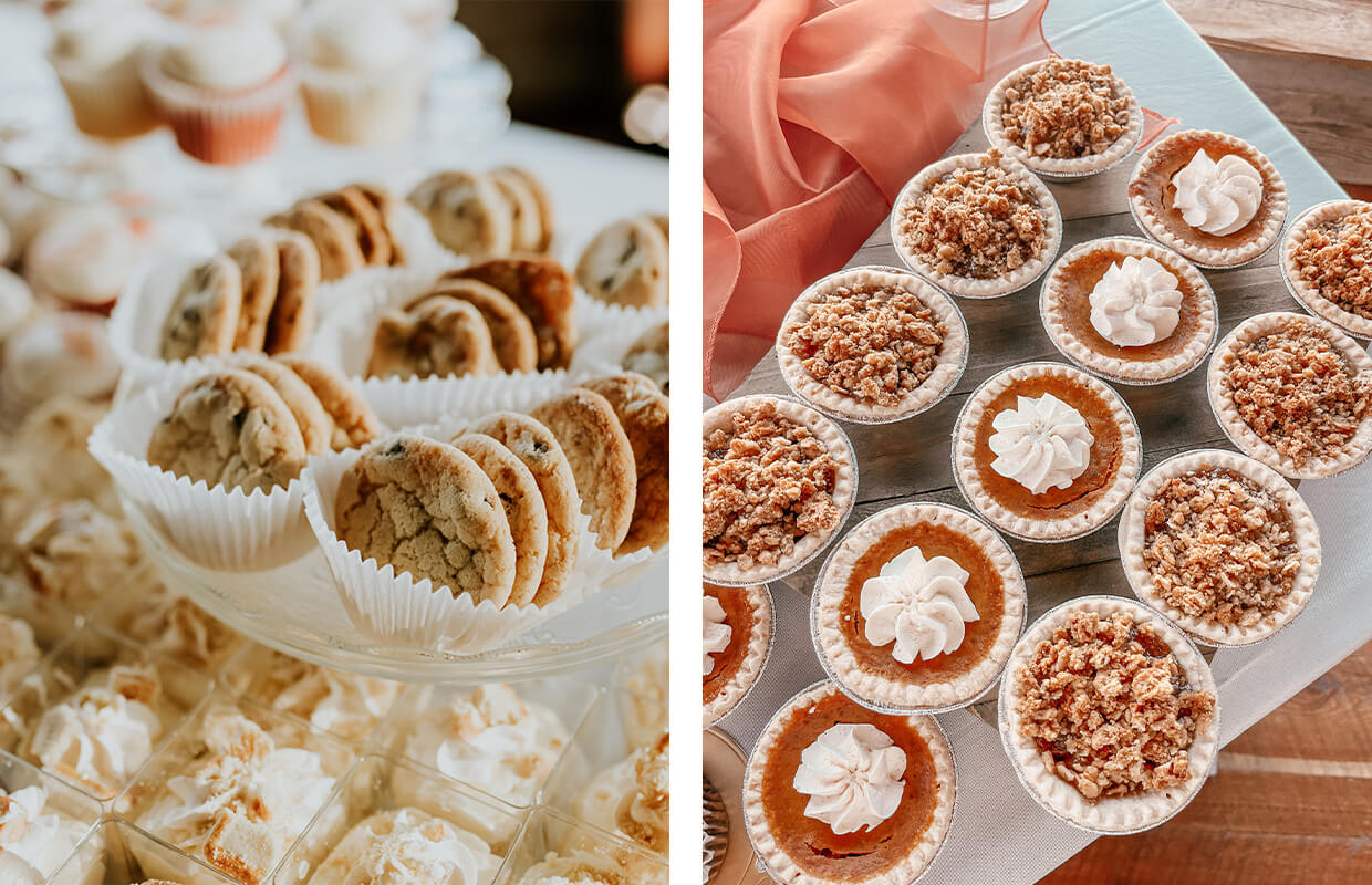 A display of chocolate chip cookies on a stand and mini pies with whipped cream on a table.