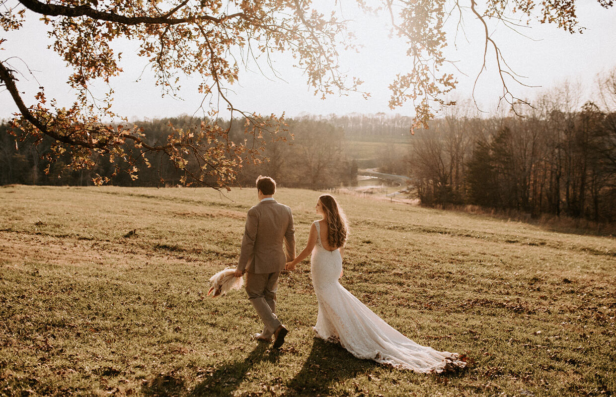 A couple in wedding attire walks through a grassy field under a tree branch, with a serene landscape and distant trees in the background.