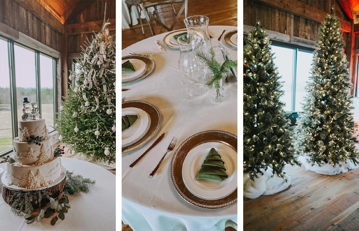 Wedding setup featuring a decorated cake, table settings with folded napkins resembling trees, and two illuminated Christmas trees in a rustic venue.