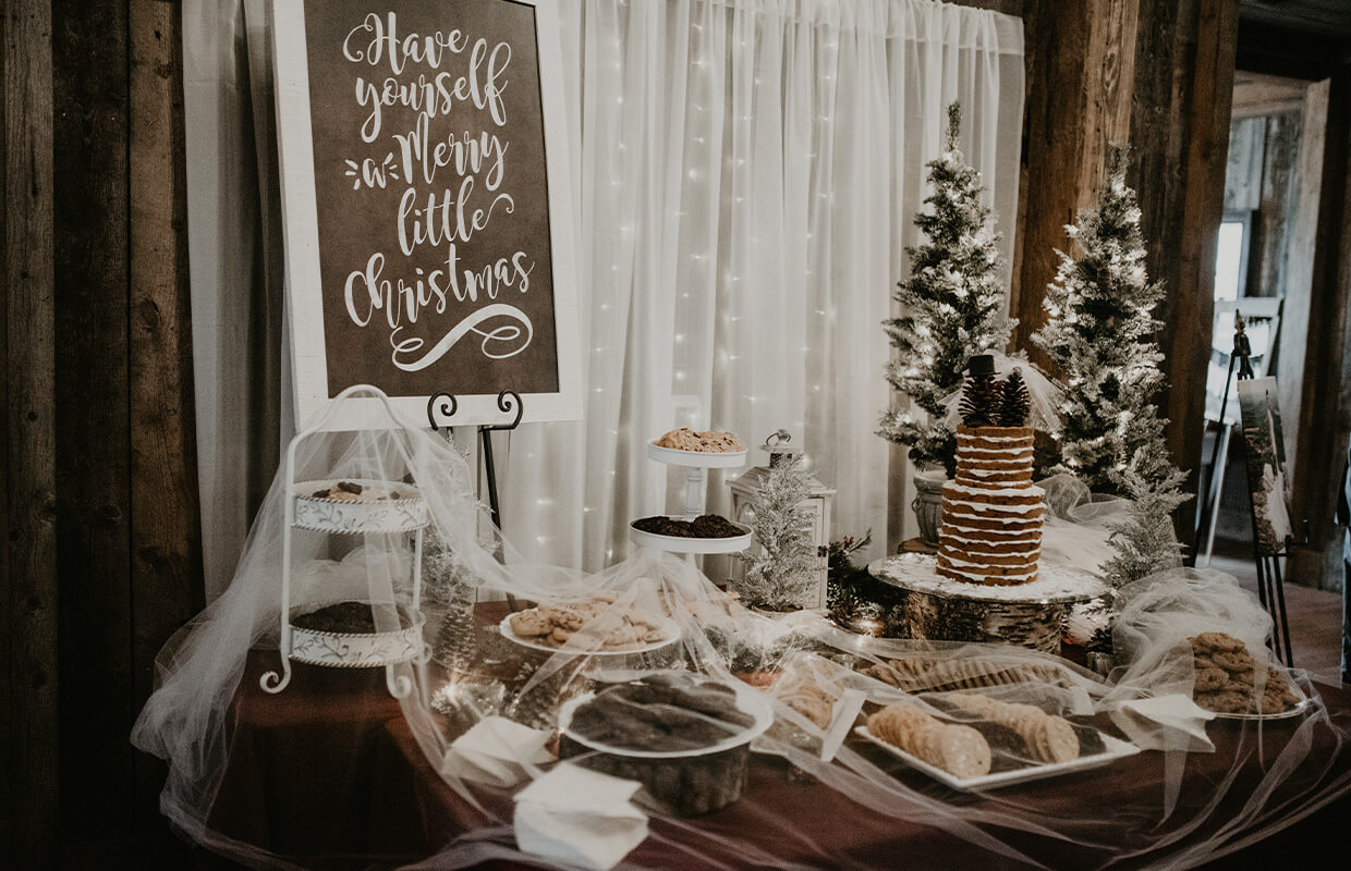 A Christmas-themed dessert table with cookies, cake, trees, and a sign reading "Have yourself a Merry little Christmas." Snow-like decor and string lights in the background.