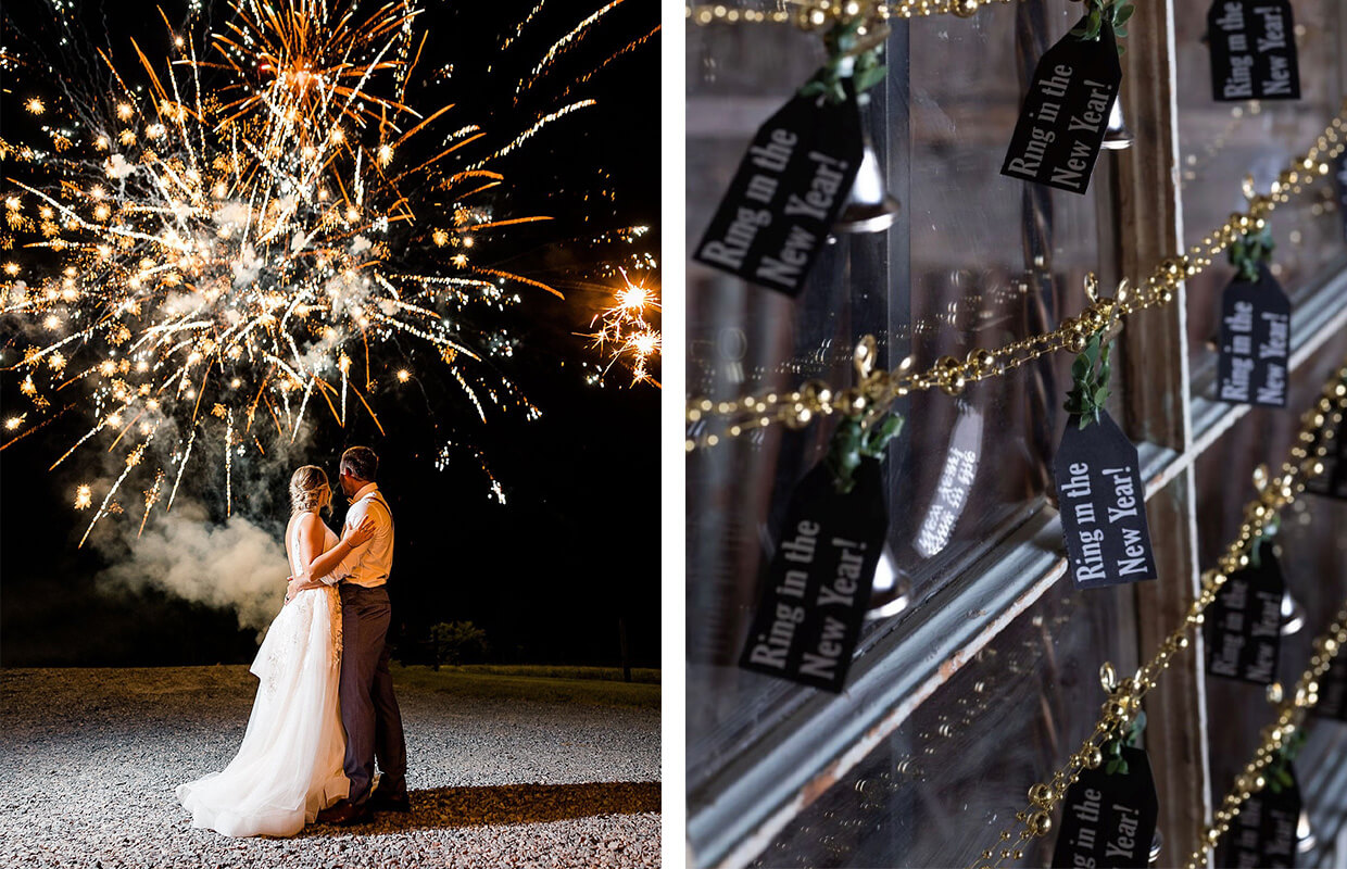 A bride and groom watch fireworks at night. A close-up shows bells decorated with signs reading "Ring in the New Year!.