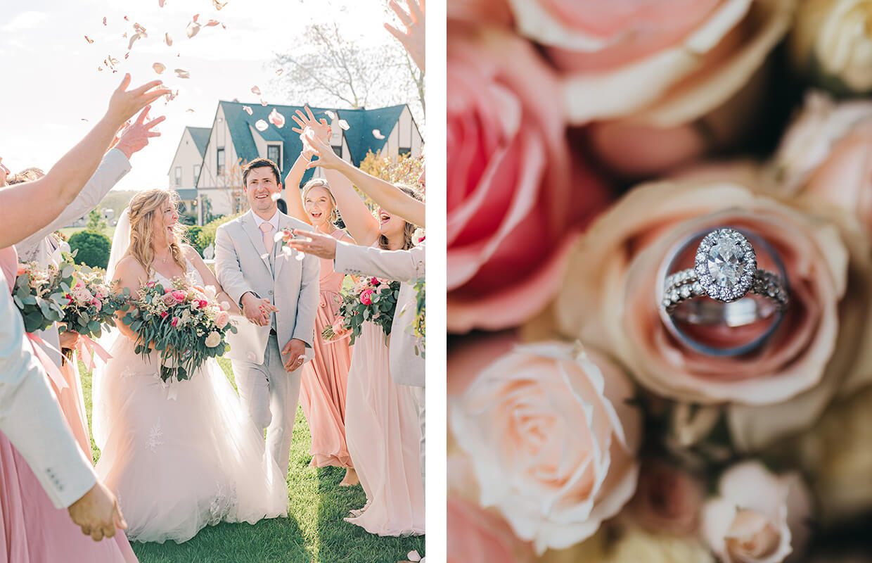 A couple walks arm-in-arm, surrounded by a wedding party throwing flower petals. On the right, a close-up of a diamond ring nestled in pink roses.