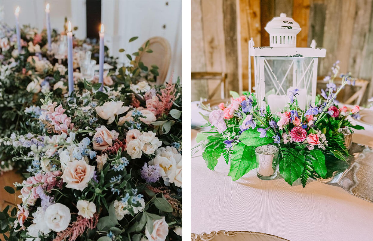 Left: Floral arrangement with candles, featuring pink and cream roses. Right: Table centerpiece with a white lantern surrounded by colorful flowers and greenery.