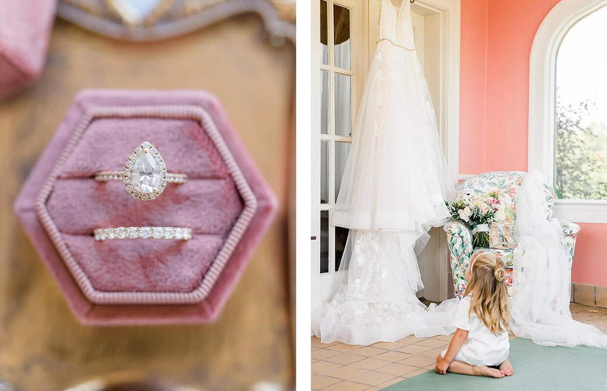 Left: Two rings in a pink velvet box. Right: A child sits on the floor looking at a wedding dress on a chair.
