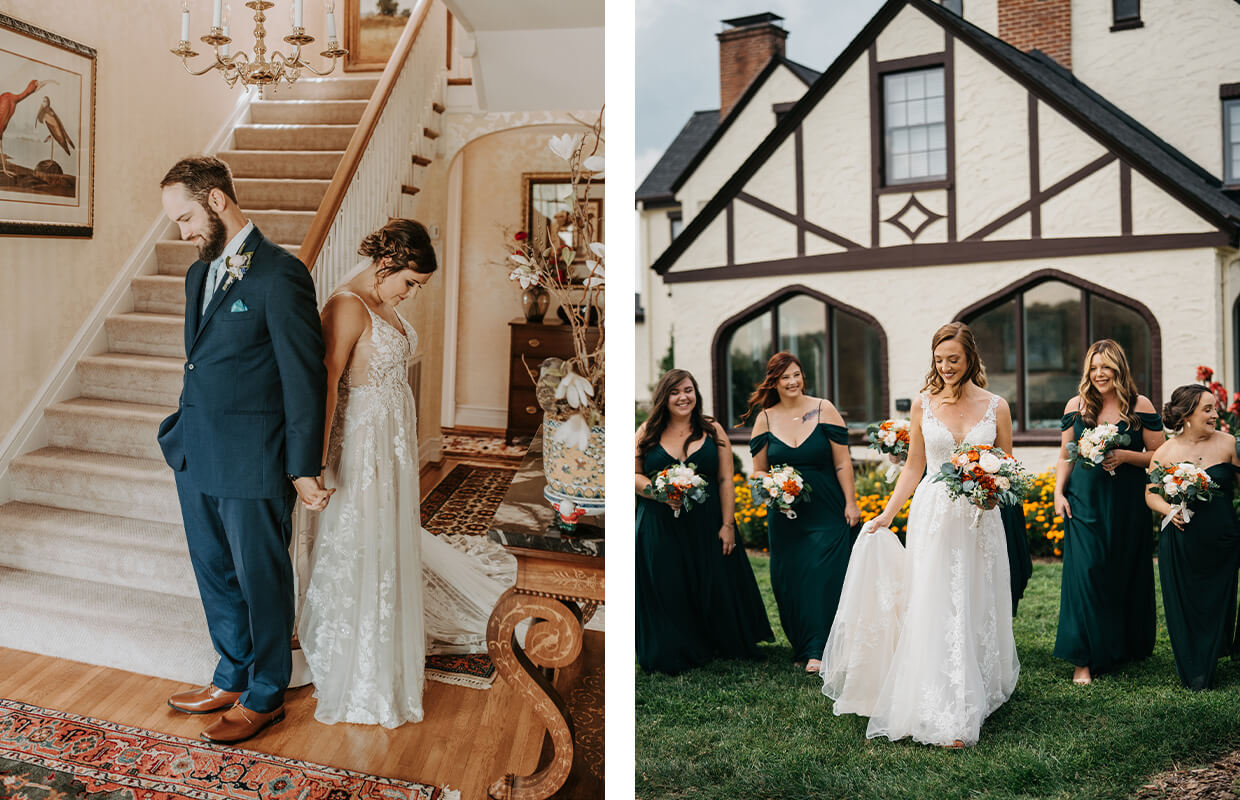 experience oakhaven wedding venue north carolina 20 Left: Couple holds hands around a staircase. Right: Bride walks with bridesmaids wearing green dresses in front of a house.