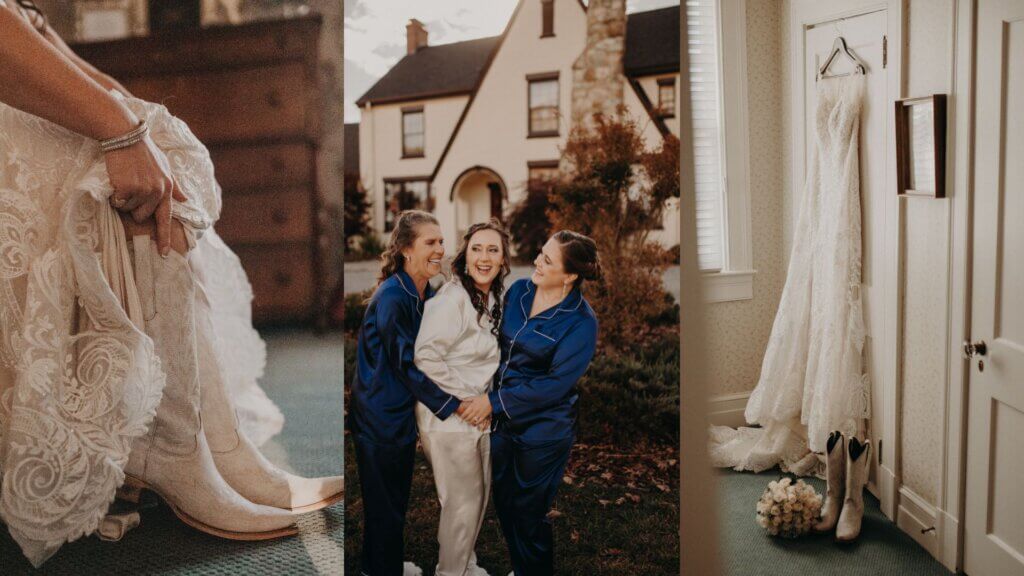 Three-paneled image: a person putting on lace wedding boots, three people in pajamas smiling outside a house, and a lace wedding dress with boots and bouquet on display indoors at a cozy Fall NC wedding.
