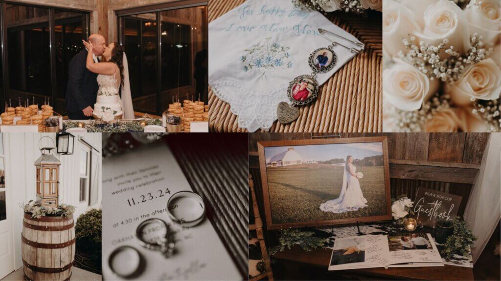 A wedding collage featuring a bride and groom kissing, wedding rings, white roses, embroidered handkerchief, locket, a photo of the bride, and a guestbook on a rustic table.
