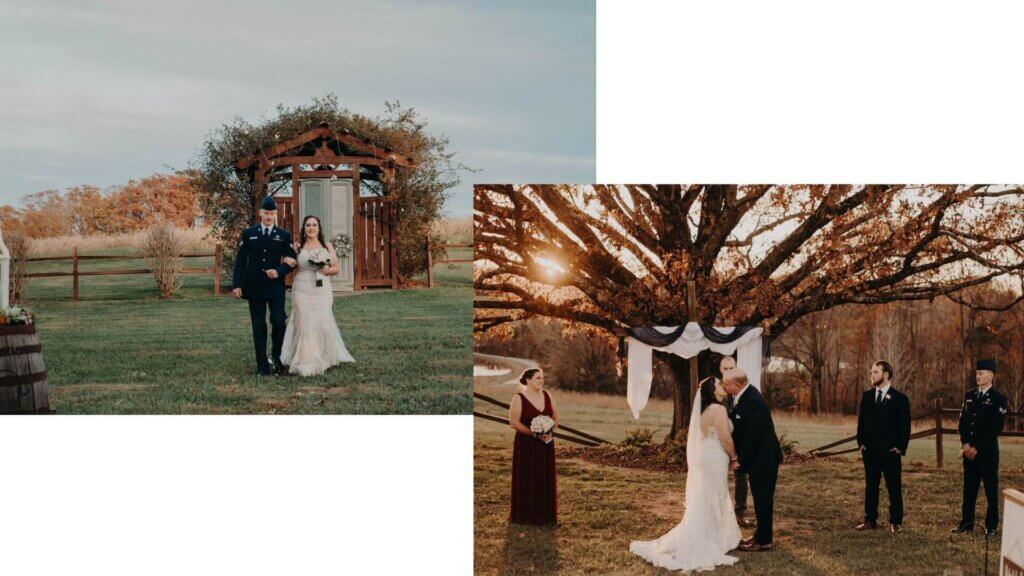 Two outdoor wedding scenes: In the first, a couple walks on grass near a wooden arbor at their Fall NC wedding; in the second, a couple stands under a large tree with draped fabric, surrounded by their wedding party.