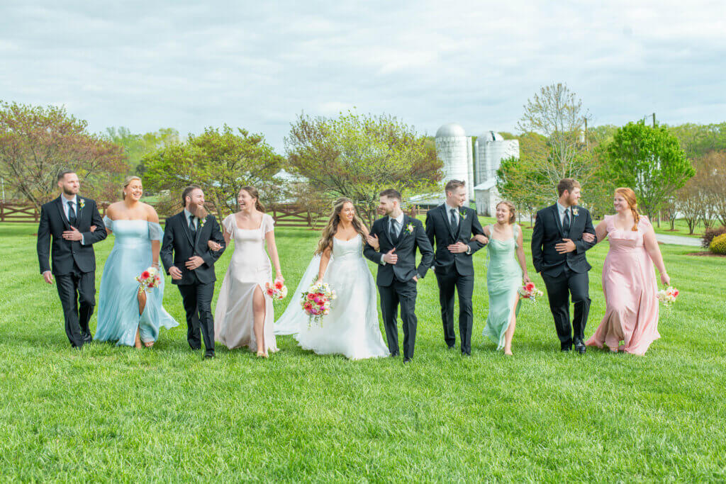 Wedding party outdoors at Oakhaven in Pelham, NC.