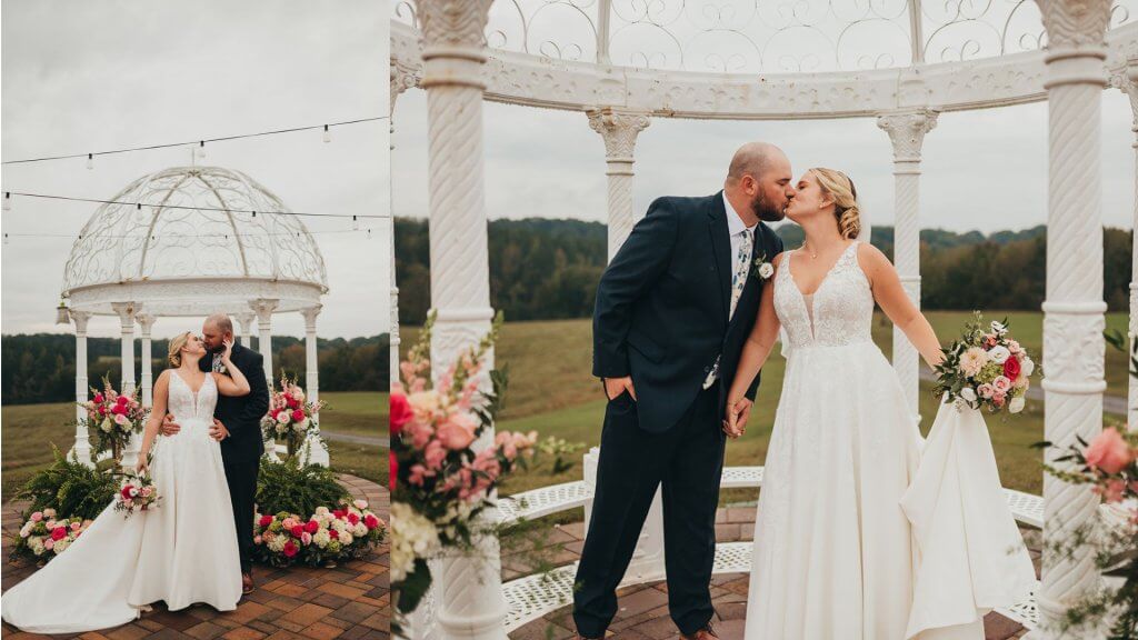 Styled shoot at NC wedding venue Oakhaven showcasing terrace with wrought iron.